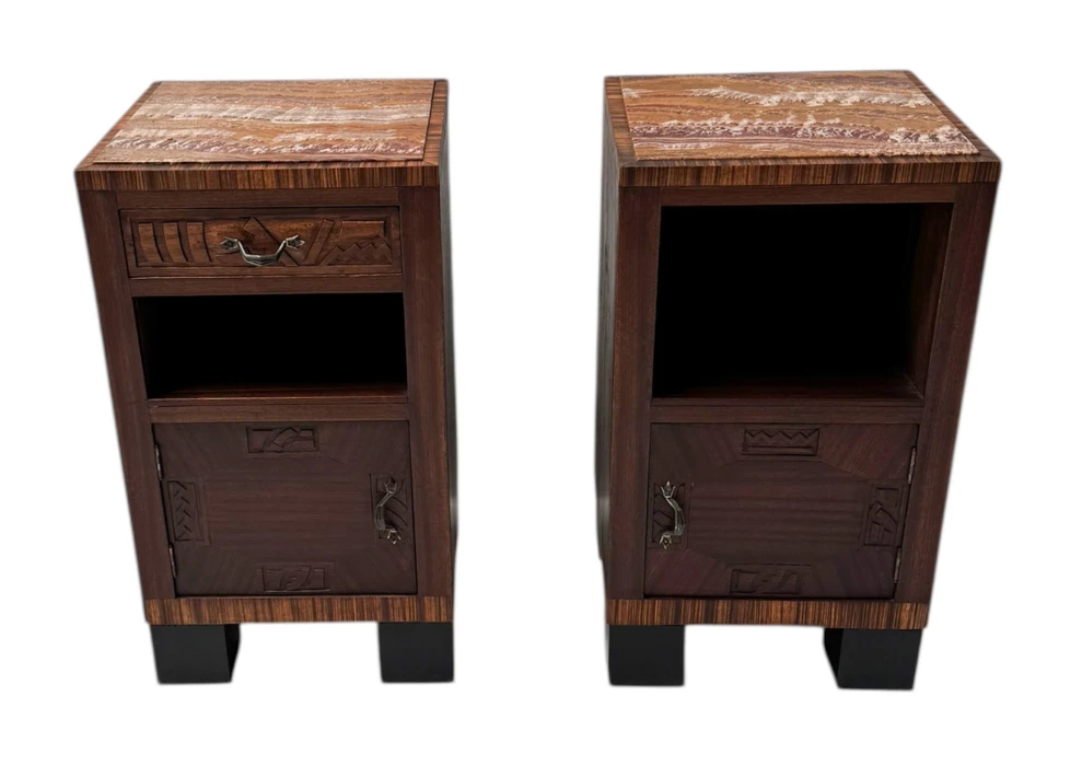 Two Art Deco Nightstands or Bedside Tables with Multi-Colored Marble Tops, 1930s